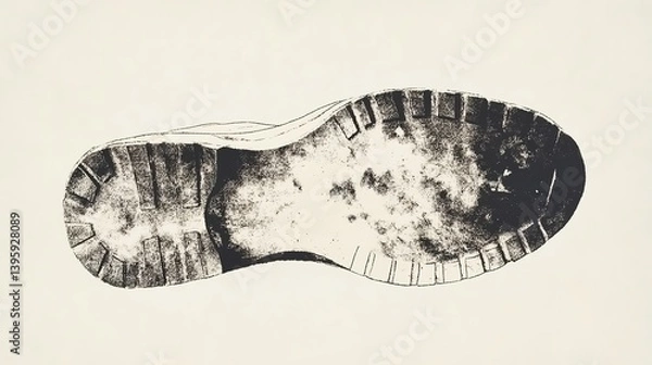Fototapeta A black-and-white style image with a clear shoe print as the main subject, showcasing detailed tread patterns on the sole, set against a solid-color background to emphasize the shoe print.