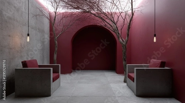 Fototapeta surreal furniture setup, chairs and lighting create an otherworldly setting in this modernist room with floating stone chairs and color-coordinated archways