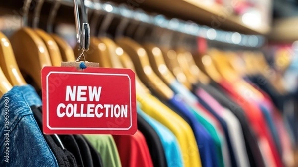 Obraz A red sticker with the text "NEW COLLECTION" on it hangs in front of , blurred background of store interior.