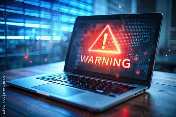Fototapeta Laptop Screen Warning Alert: Cyber Attack, Virus, Malware, Spyware, System Hacked