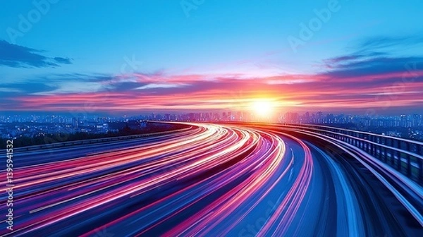 Fototapeta   A stunning image of a sunset on a bustling highway, with city lights illuminating the foreground