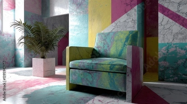 Fototapeta abstract postmodern room vibe with melting furniture, bold patterns, void background, and fragmented geometry, amid empty space