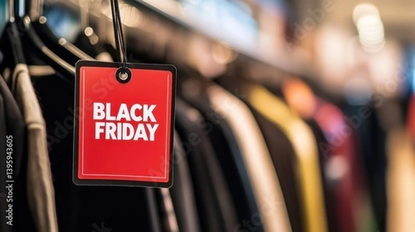 Obraz New collection sign tag hanging in fashion store, text "BLACK FRIDAY" written on red label sticker
