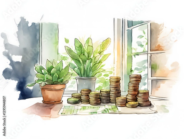 Fototapeta Stacked Coins and Plants by Open Window in Watercolor Style