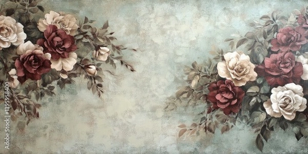 Fototapeta oil paint green burgundy and beige flowers wallpapper vintage 