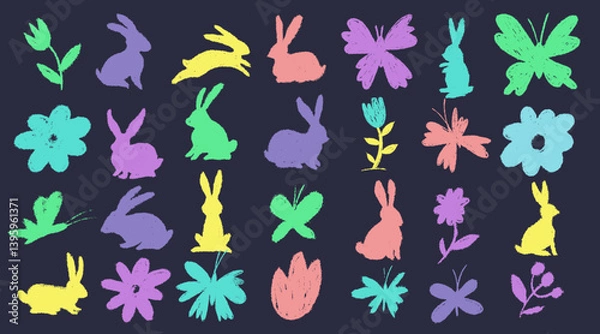 Fototapeta Set of Easter bunny and butterfly. Flower rabbit hand drawn crayon vector. Cute floral pattern with rainbow bunny animal, spring butterfly collection. Easter kid rabbit design. Watercolor pastel print