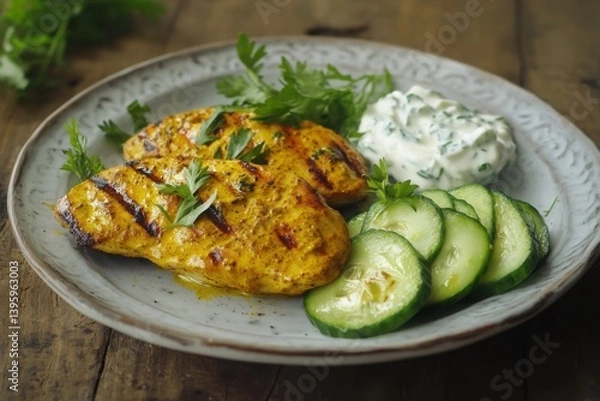 Obraz Grilled turmeric chicken breast with cucumber slices and yogurt herb sauce