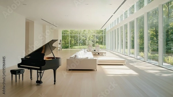 Fototapeta Modern open-plan living room with floor-to-ceiling windows framing forest views, black grand piano as focal point, white sofa and light wood dining area