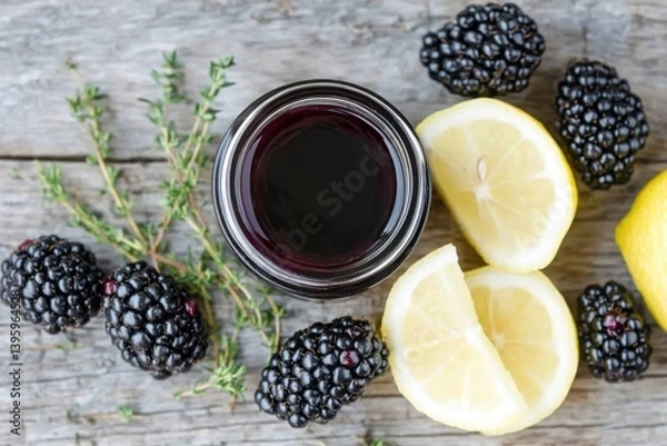 Obraz Fresh blackberries with lemon slices and thyme on rustic wooden background