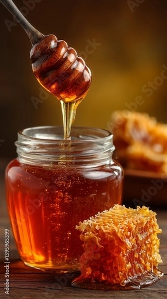 Fototapeta Honey Dripping From a Wooden Dipper Into a Jar Surrounded by Honeycomb on a Wooden Table