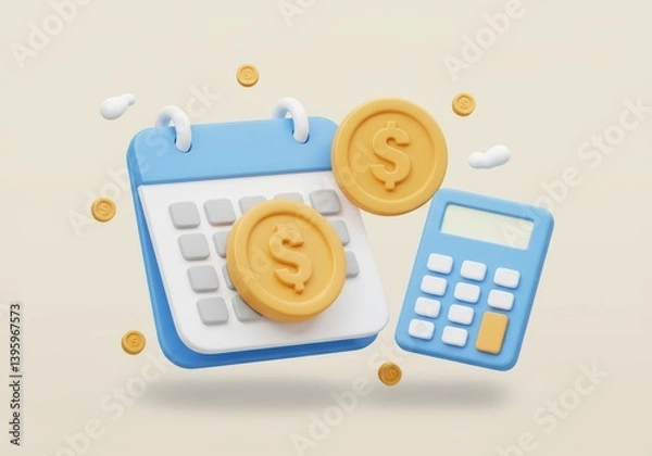 Fototapeta Calendar with coins and calculator floating in the air