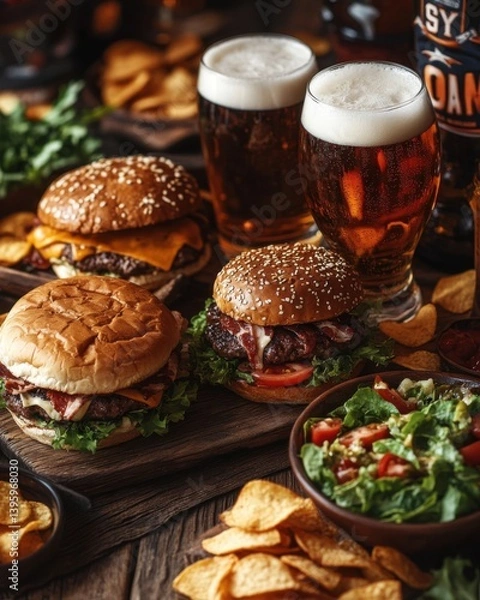 Obraz Burgers, beer, chips  on a rustic wooden table 