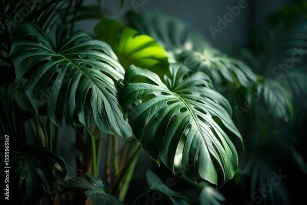 Fototapeta Lush Green Monstera Leaves Illuminated by Soft Sunlight in a Tropical Indoor Garden Setting