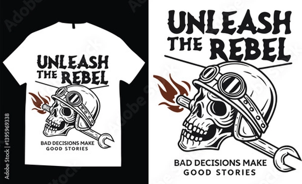 Fototapeta Motorcycle skull helmet piston gear engine speed rider byker t-shirt design distressed vector illustration