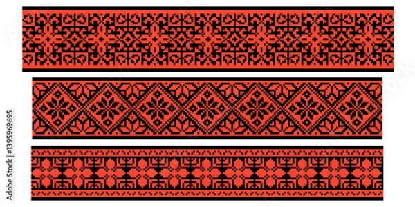 Fototapeta Three belts for embroidery. Belarusian and Ukrainian patterns for cross stitching. Pixel factory boho pattern for decorating clothes, bags, accessories. Traditional seamless geometric pattern.