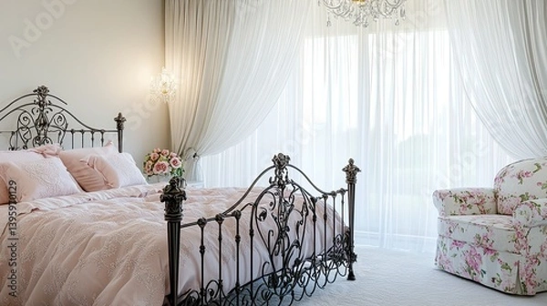 Fototapeta A romantic bedroom with a flourishing iron bed frame finished with intricate patterns