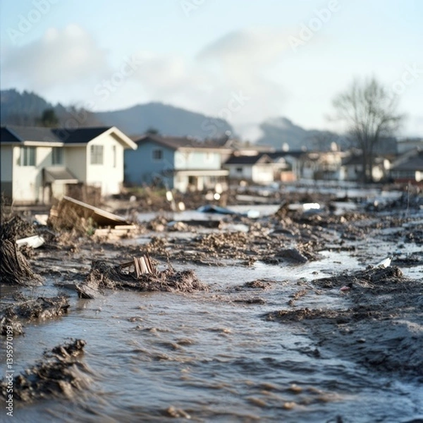 Fototapeta A once vibrant neighborhood lies devastated, strewn with debris and mud, portraying the aftermath of a powerful natural disaster.