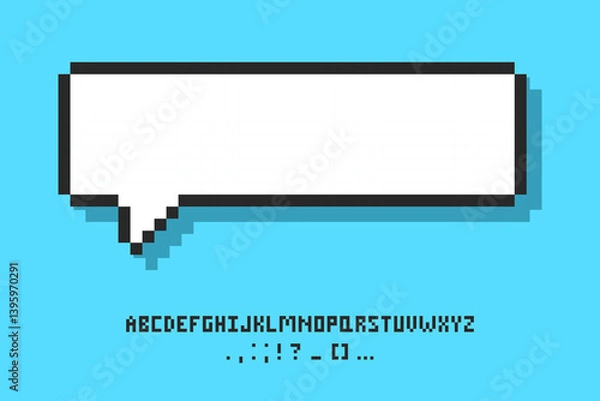 Fototapeta Empty pixelated speech bubble with alphabet, 8 bit cloud for text. Pixel speech bubble, 8 bit geometric texting dialogue box.