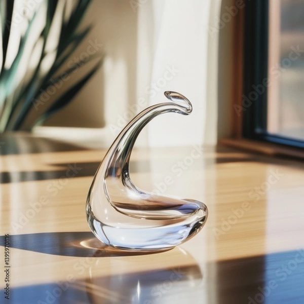 Fototapeta A sleek, modern glass sculpture sits on a sunlit wooden table, casting reflections and shadows on the polished surface.