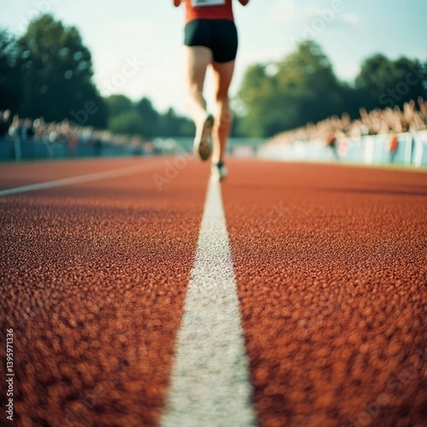 Fototapeta A runner's legs are in motion on a red track under bright sunlight, representing speed, determination, and the journey towards the finish line in a race.