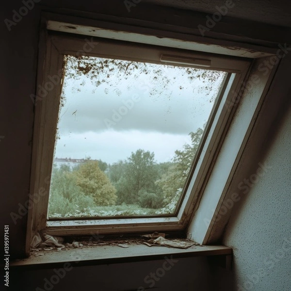 Obraz A tilted window showcasing an overgrown, lush view outside, with signs of weathering hinting at neglect and abandonment within the lived-in attic space.