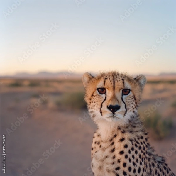 Obraz A curious cheetah gazes directly, set against a vast, barren savannah landscape during golden hour.