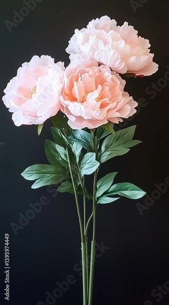 Fototapeta A cluster of soft-peach colored peonies with a dark background.