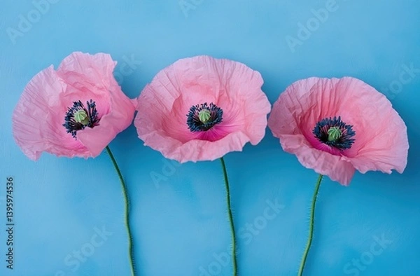 Fototapeta Still life of three vibrant pink poppies in bloom with two green buds, set against a solid cobalt-blue backdrop.