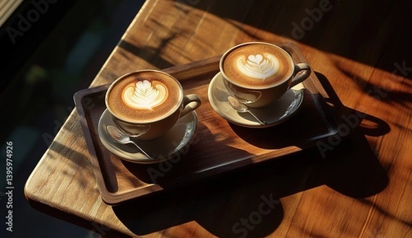 Fototapeta Two latte art coffee cups on a wooden tray, placed atop a rustic wooden table. Golden hour sunlight streams through window, casting soft beams and elongated shadows