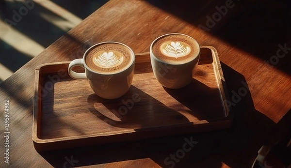 Fototapeta Two latte art coffee cups on a wooden tray, placed atop a rustic wooden table. Golden hour sunlight streams through window, casting soft beams and elongated shadows