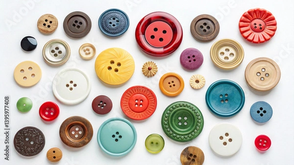 Fototapeta A playful and artistic flat lay of colorful buttons of different shapes, sizes, and materials arranged on a white background. Includes wooden, plastic, and metal buttons, some vintage and some modern.
