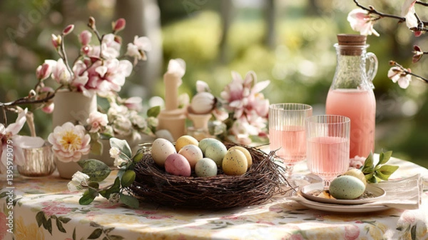 Fototapeta Colorful Easter eggs in bird nest with blooming flowers and garden light. Spring holiday and nature celebration.