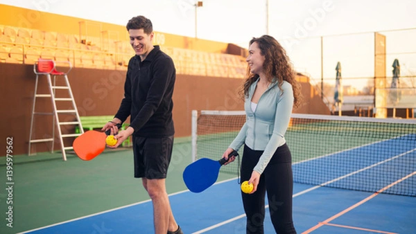 Obraz Young adults teaching and learning how to play pickleball