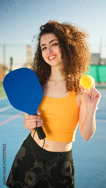 Obraz Portait of a young, happy and smiling curly haired girl holding pickleball paddle