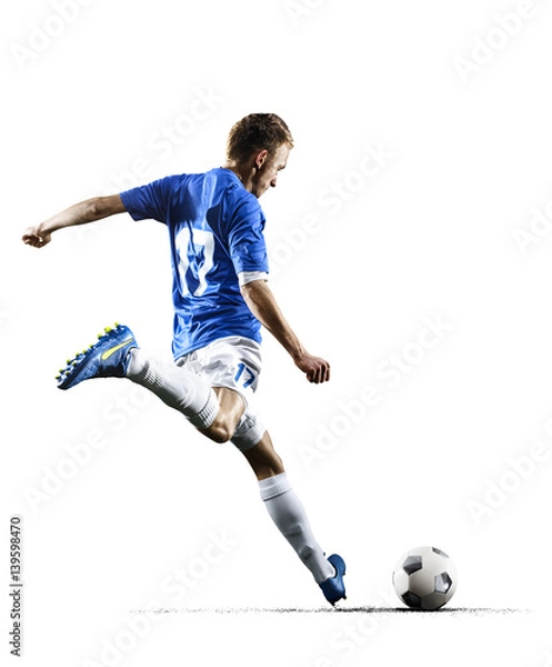 Fototapeta Professional football soccer player in action isolated white background