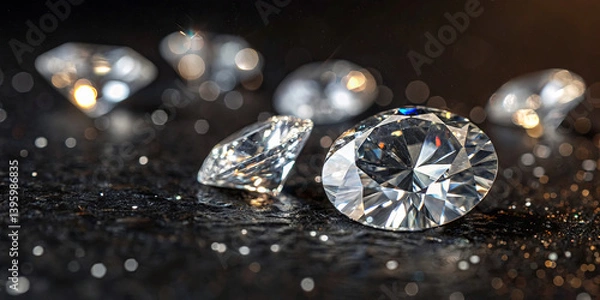 Fototapeta Multiple brilliant diamonds are scattered across a dark surface, capturing and reflecting light beautifully. The contrast enhances their clarity and allure, creating an enchanting display