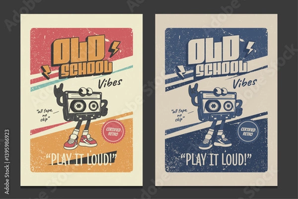 Fototapeta retro music poster with a funky cartoon cassette character, vector illustration