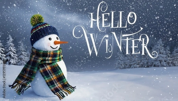 Obraz Hello winter inscription with the image of a snowman in a striped hat and scarf standing in the snow, with snowflakes falling in the background. Perfect for winter themes and holiday greetings. Banner