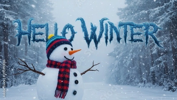 Obraz Hello winter inscription with the image of a snowman in a striped hat and scarf standing in the snow, with snowflakes falling in the background. Perfect for winter themes and holiday greetings. Banner