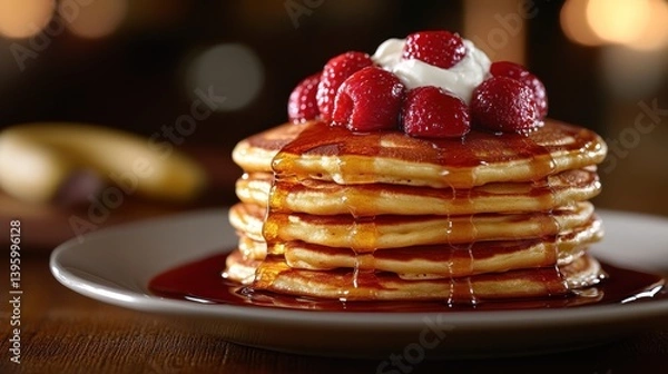 Fototapeta Delicious Stack of Pancakes Topped with Fresh Berries and Syrup Perfect for Breakfast or Brunc