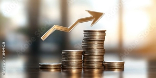 Fototapeta Rising stack of coins with golden arrow	