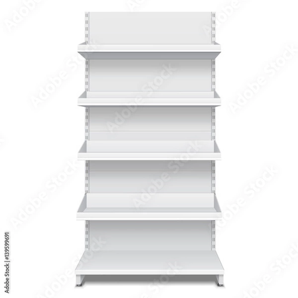 Obraz Blank Empty Showcase Display With Retail Shelves. 3D. Front View. Mock Up, Template. Illustration Isolated On White Background. Ready For Your Design. Product Advertising. Vector EPS10