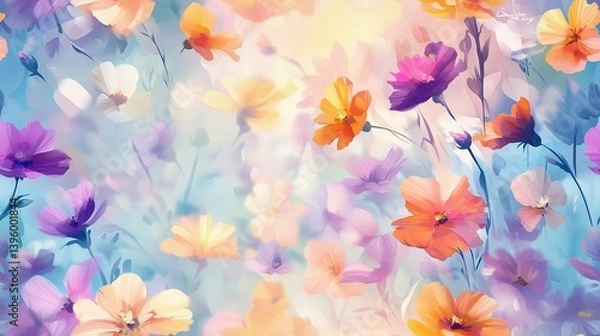 Fototapeta   A painting featuring a vibrant array of flowers against a blue and yellow backdrop, with prominent pink and orange blooms in the foreground