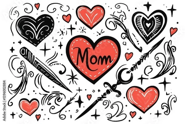 Obraz Classic 'Mom' tattoo hearts and scrolls SVG collection, featuring a dagger, offers a nostalgic yet edgy design option for temporary or permanent body art, perfect for Valentine's Day and beyond.