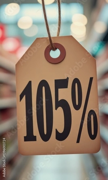 Obraz A close-up of a sale tag displaying "105%" in bold text, hanging in a store aisle with a blurred background, emphasizing pricing and discount promotions in retail.