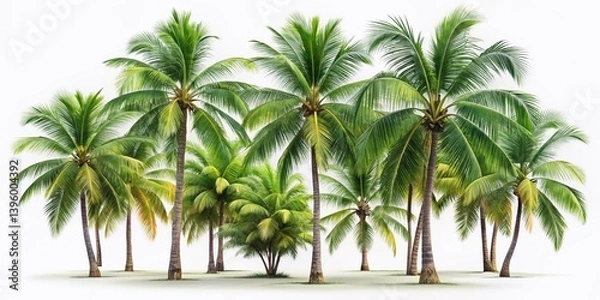 Fototapeta Lush Tropical Palm Trees Isolated:  A Collection of Coconut & Palm Trees, Green Foliage, Botanical Illustration for Summer Vacation & Beach Paradise Designs.