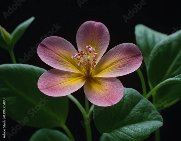 Fototapeta Delicate pink and yellow flower with lush green leaves against a dark backdrop.