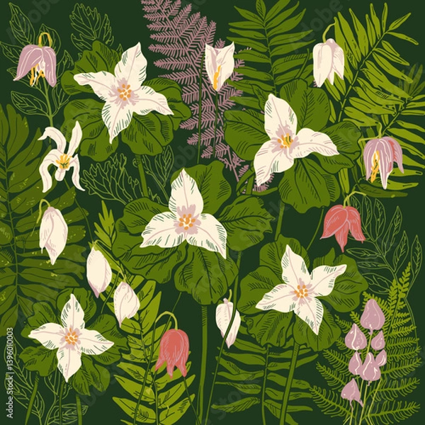 Fototapeta Appalachian Trillium & Ferns – Wild Botanical Artwork