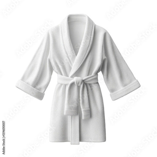 Fototapeta Fluffy white bathrobe. Terry cloth robe with belt. Isolated on black. Soft fabric dressing gown. Comfortable spa garment. Hotel bath robe.