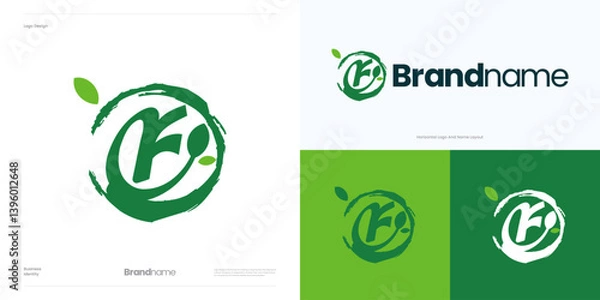 Fototapeta Letter F green leaf logo icon design vector editable, Symbol initial F fresh sign concept with leaf or leaves and circle brushstroke for nature, Usable for fresh food and brand identity business.